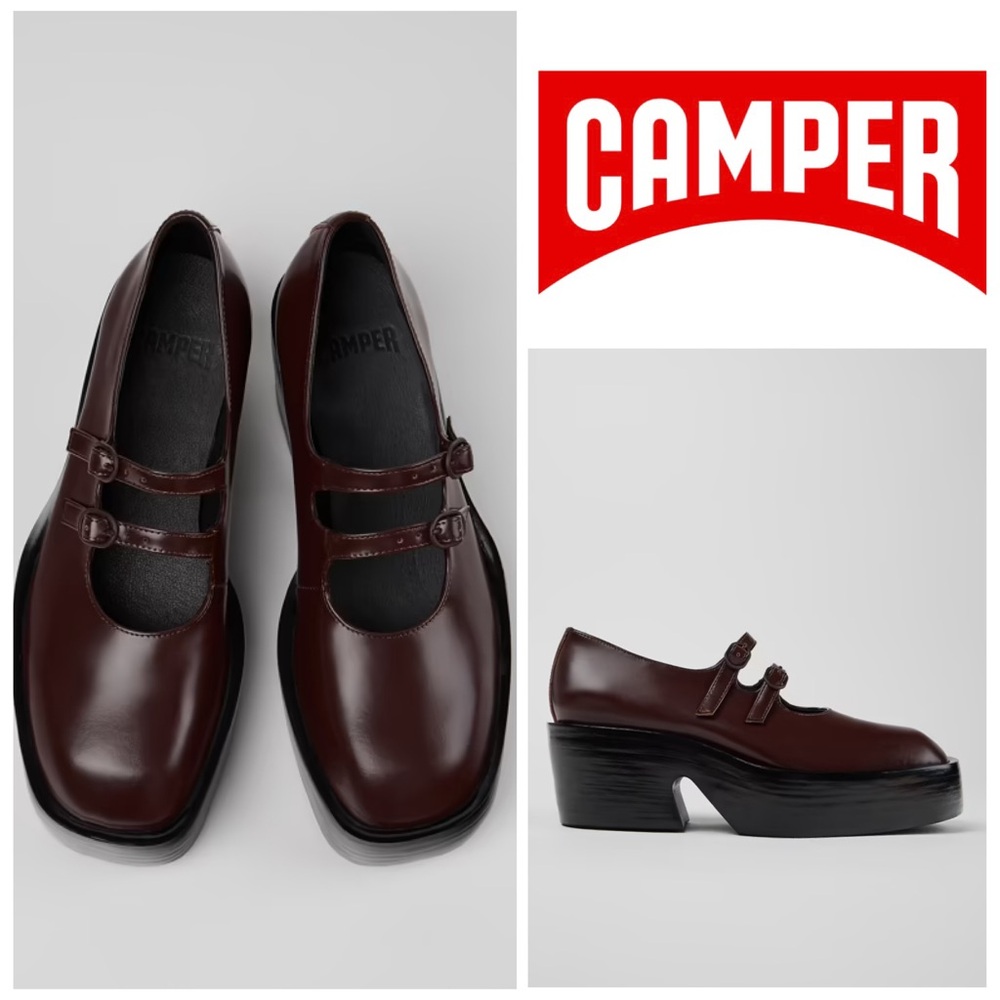 NWOT Camper Billie Platform Mary Jane Heeled Leather Shoes in Burgundy